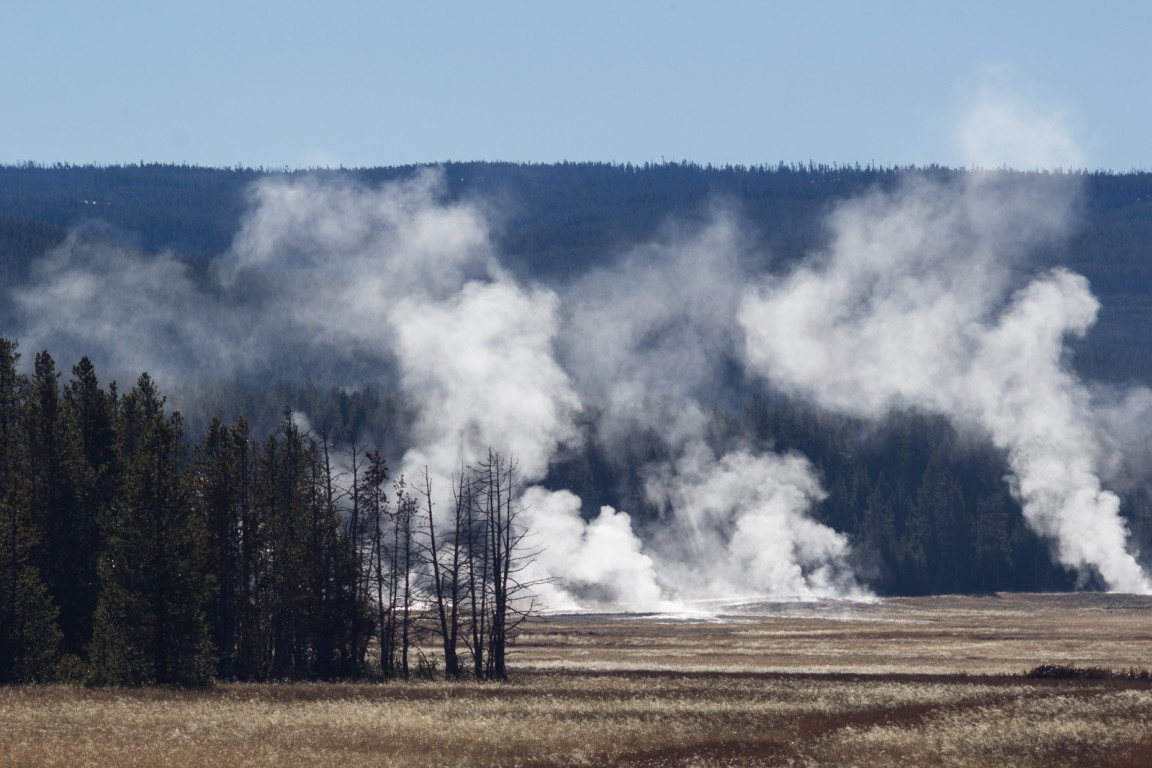 Yellowstone National Park Geysers steaming on a cold October morning