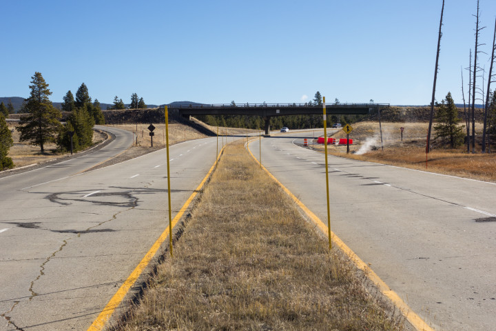 The highway leading to the Old Faithful Lodge in Yellowstone National Park