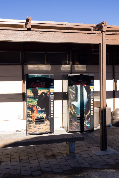 Vending machines visible on the exterior of the Canyon Dining Hall in Yellowstone National Park