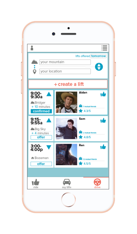 The driving tab of the ShareLift app